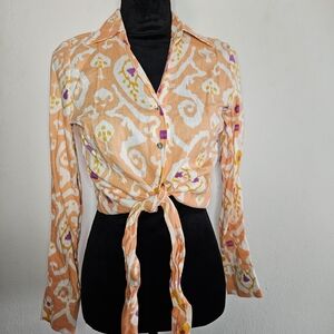 Christian Siriano Peach Ikat Tie-Front Blouse with Yellow & Lavender Accents